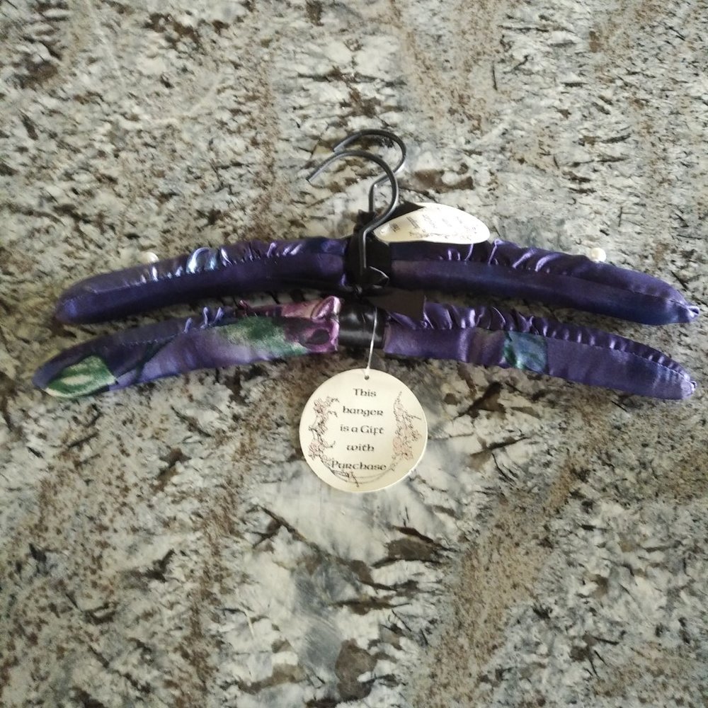 BRAND NEW SET OF TWO PLUM SATIN PADDED HANGERS